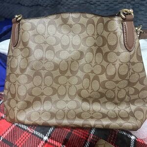 Coach Tan Signature Canvas Shoulder Bag with Gold-Tone Hardware